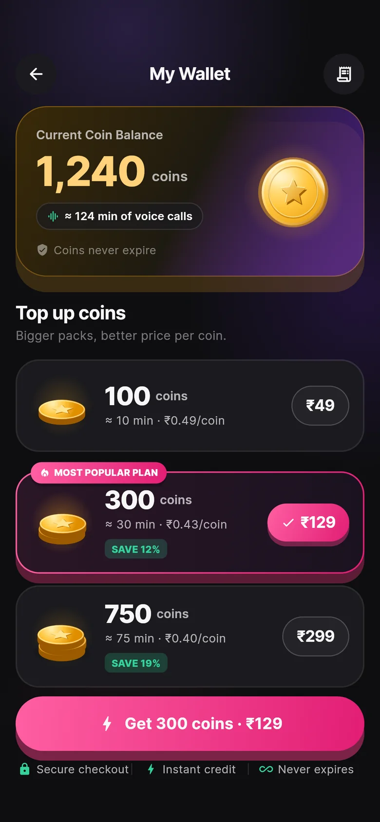 My wallet with coin packs